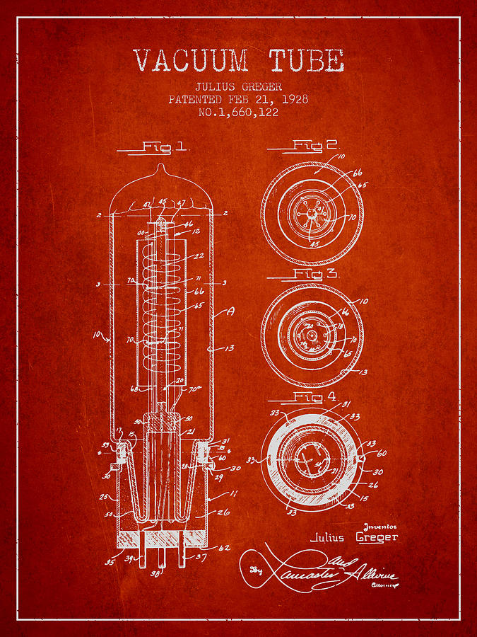 Vintage Digital Art - Vacuum Tube Patent From 1928 - red by Aged Pixel