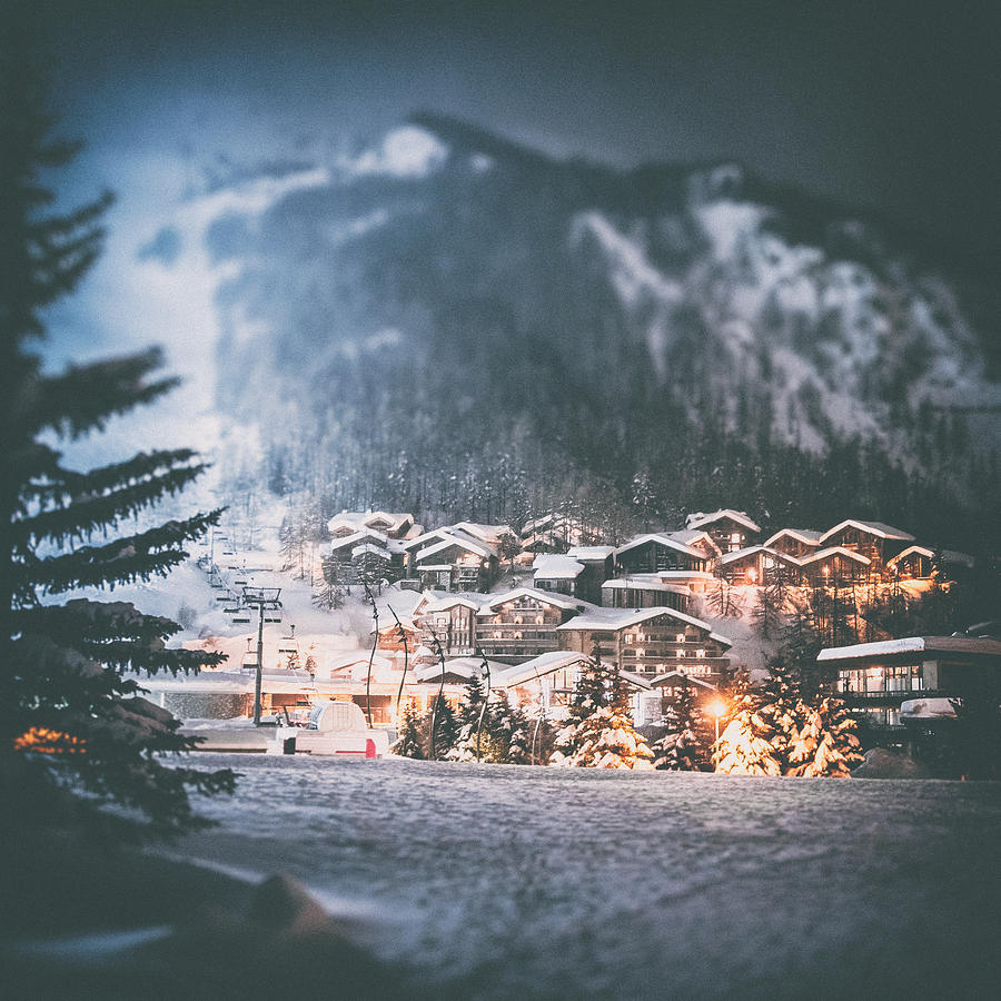 Val disere french ski resort illuminated village by snowy night in European Alps in winter Photograph by Gregory_DUBUS