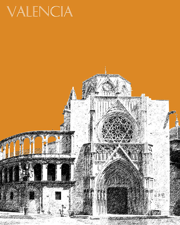 Architecture Digital Art - Valencia Skyline Valencia Cathedral - Dark Orange by DB Artist