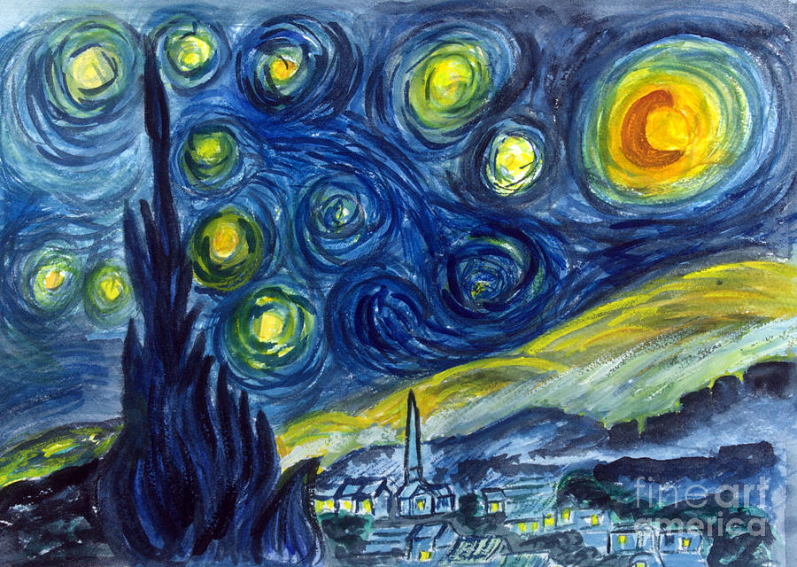 van Gogh Starry Night in watercolor Painting by Donna Walsh