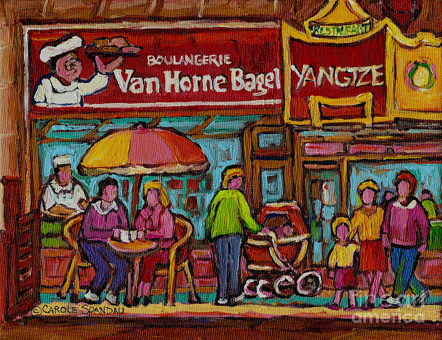 Van Horne Bagel With Yangtze Restaurant Montreal Street Scene Painting by Carole Spandau