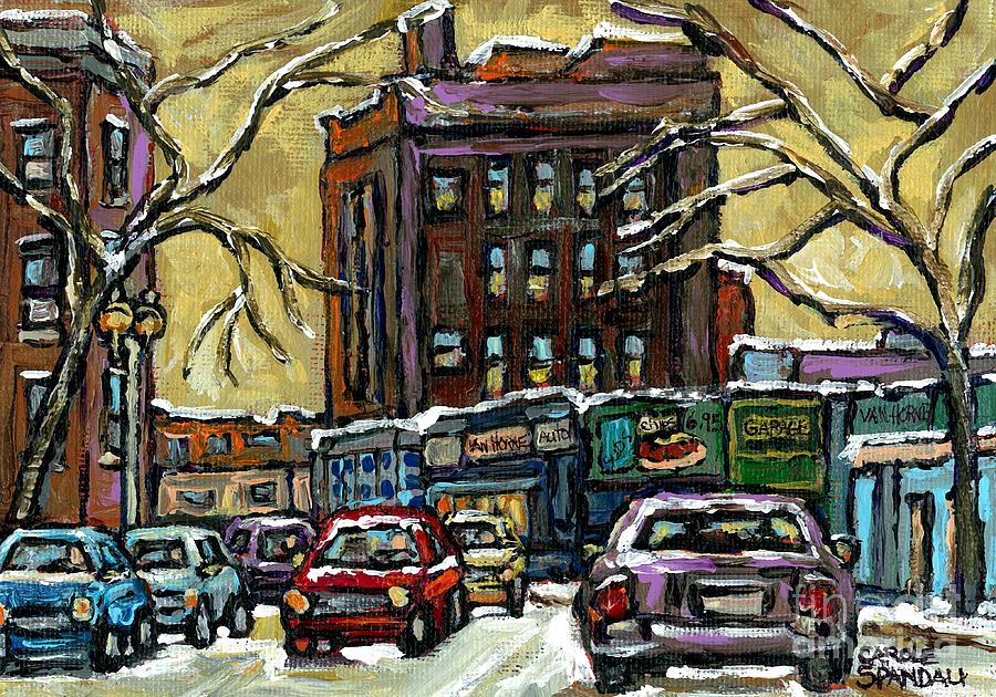 Van Horne Corner Ave Du Parc On The Road Again Montreal Cars In January City Life Paintings Cspandau Painting by Carole Spandau