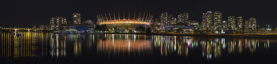 Boat Photograph - Vancouver BC City Skyline Night Scene Panorama by Jit Lim