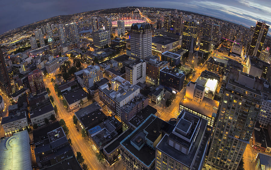 Sunset Photograph - Vancouver BC Downtown Fisheye View by Jit Lim