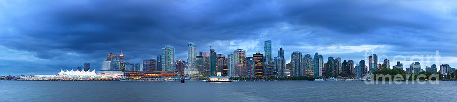 Vancouver skyline panoramic at night Photograph by Laurent Lucuix