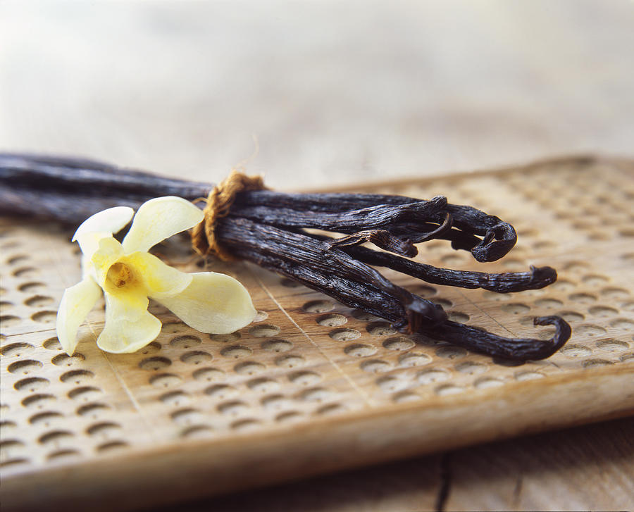 Vanilla pods and yellow flower on wooden board Photograph by Diana Miller