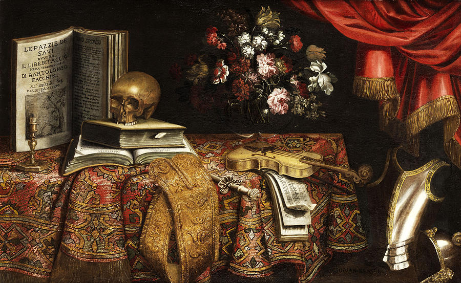Vanitas.Still Life with Violin Sheet Music Flower and Skull Painting by Pier Francesco Cittadini