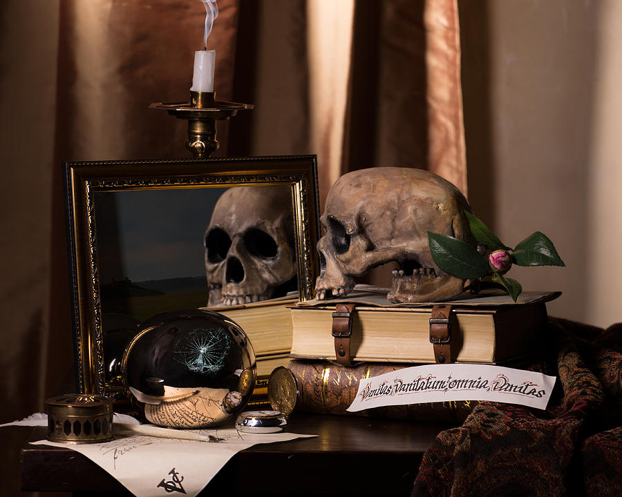 Still Life Photograph - Vanitas with Mirror-Skull-Writting Utensils and Snuffed Candle by Levin Rodriguez