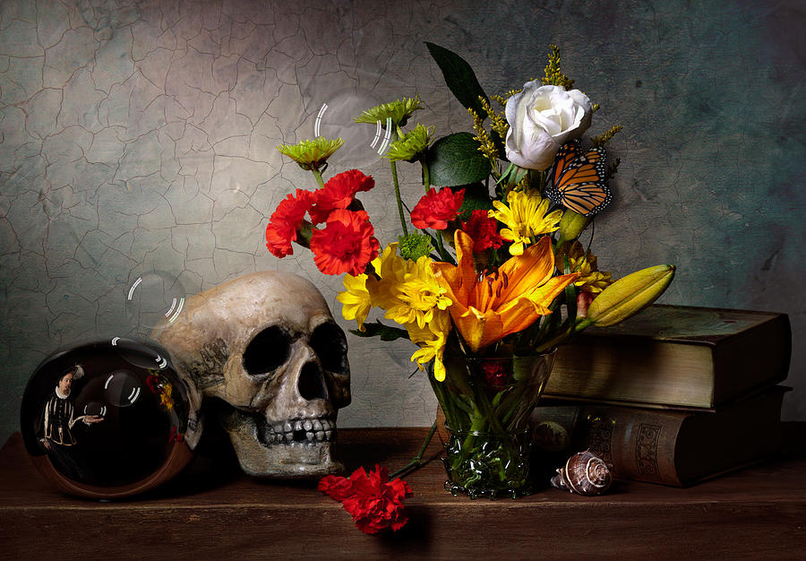 Vanitas with Skull Mirror Ball and Flowers Photograph by Levin Rodriguez