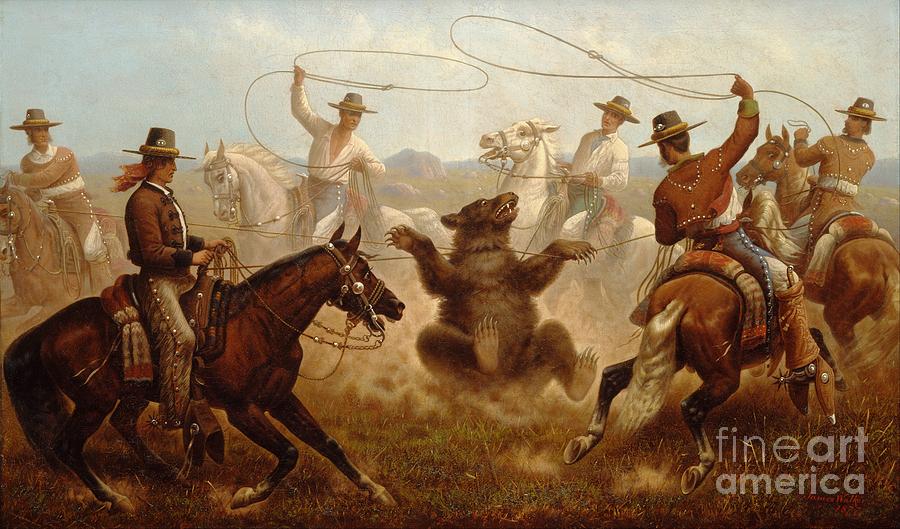 Horse Painting - Vaqueros roping a bear by Reproduction