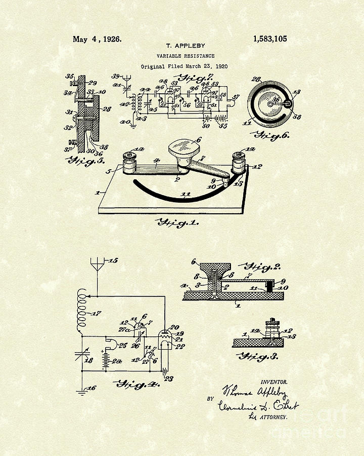 Variable Resistance 1926 Patent Art Drawing by Prior Art Design