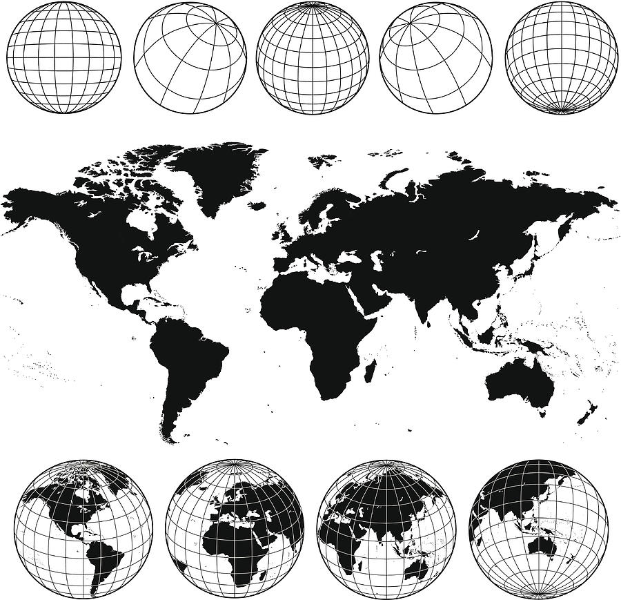 Various views of the world as a globe, and on flat surface  Drawing by Kathykonkle