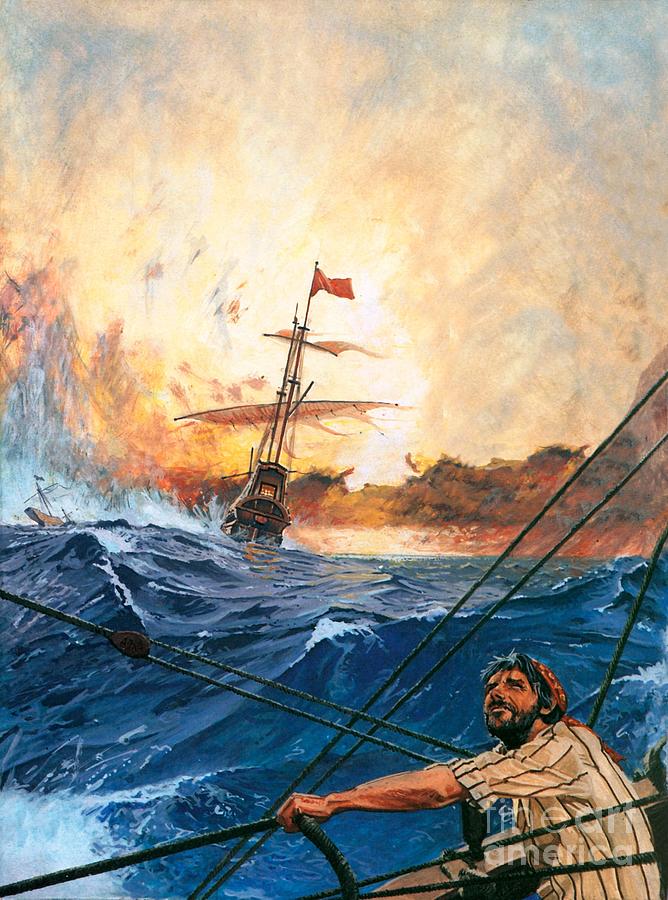 Boat Painting - Vasco da Gamas Ships Rounding the Cape by English School