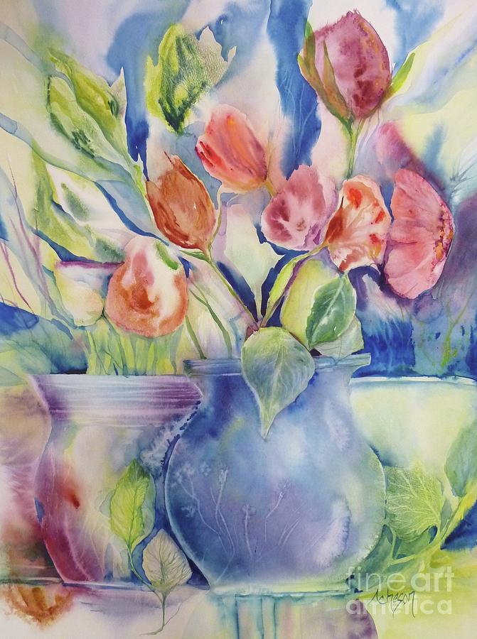 Vase and tulips Painting by Donna Acheson-Juillet