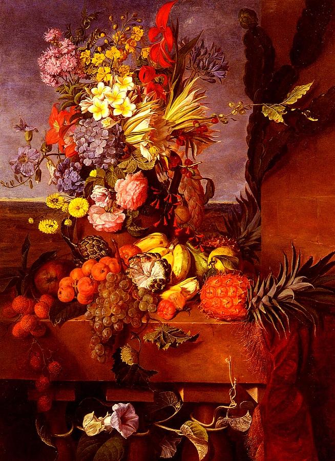 Vase De Fleurs Et Fruits Exotique - Bourbon - 1854 Painting by Pam Neilands