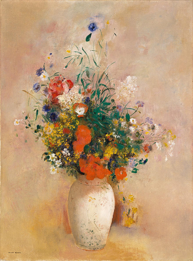 Vase of Flowers. Pink Background Painting by Odilon Redon