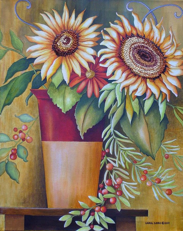 Vase Of Sunflowers Painting by Carol Sabo
