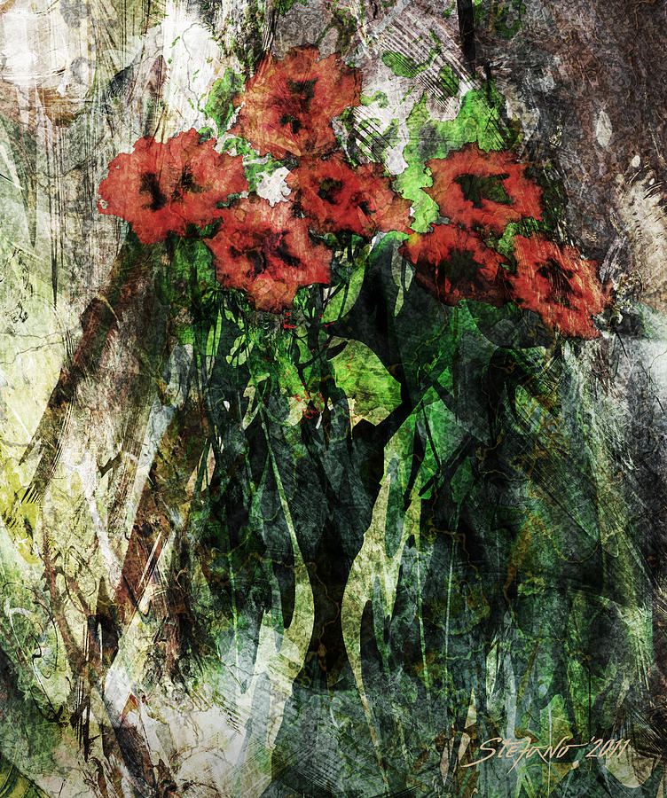 Abstract Digital Art - Vase with red flowers by Stefano Popovski