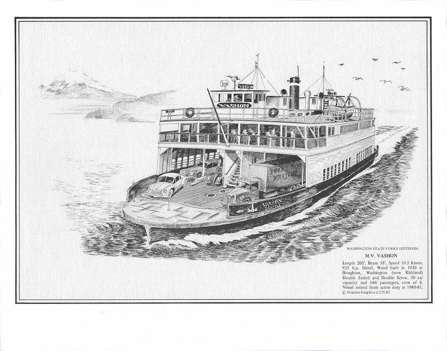 Vashon Seattle Ferryboat Drawing by Jack Pumphrey