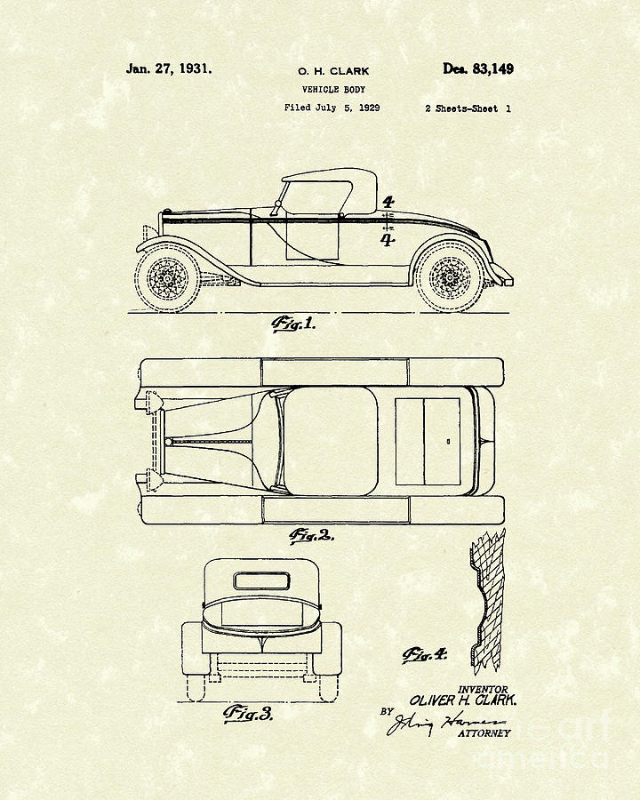 Vehicle Body 1931 Patent Art Drawing by Prior Art Design
