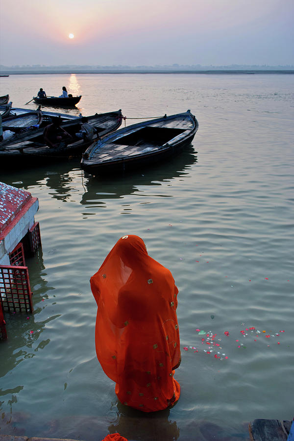 Veiled Woman In Ganges At Varanasi Photograph by Subir Basak