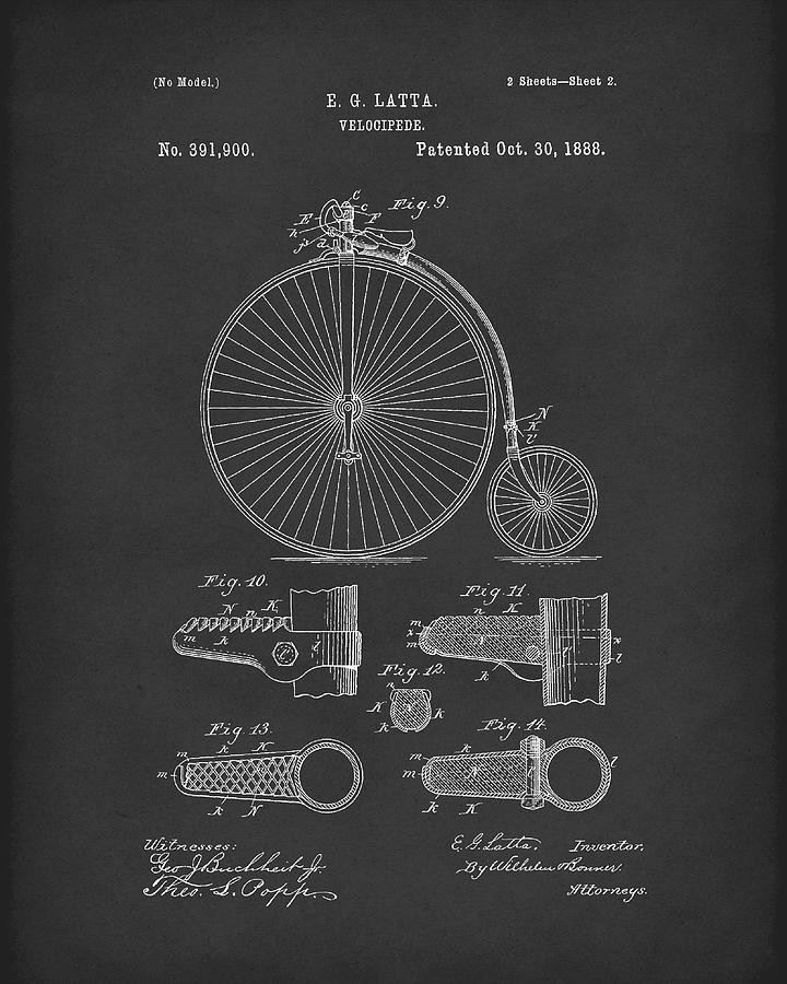 Bicycle Drawing - Velocipede Latta 1888 Patent Art Black by Prior Art Design