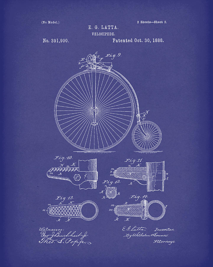 Velocipede Latta 1888 Patent Art Blue Drawing by Prior Art Design