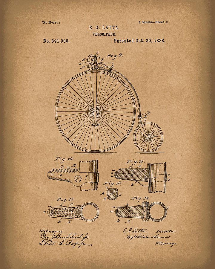 Bicycle Drawing - Velocipede Latta 1888 Patent Art Brown by Prior Art Design