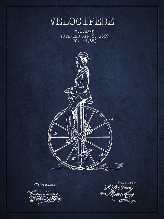 Velocipede Patent Drawing From 1869- Navy Blue Digital Art