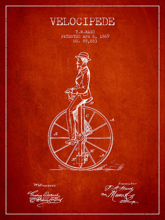 Velocipede Patent Drawing From 1869- Red Digital Art