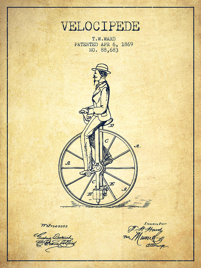 Vintage Digital Art - Velocipede Patent Drawing from 1869- Vintage by Aged Pixel