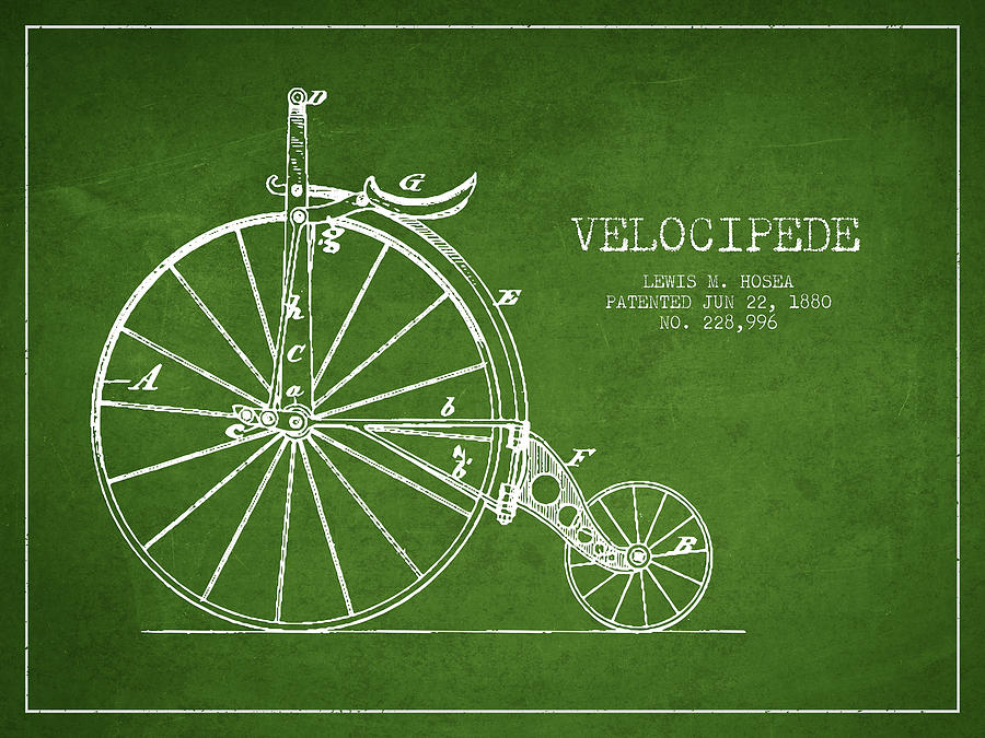 Vintage Digital Art - Velocipede Patent Drawing from 1880 - Green by Aged Pixel