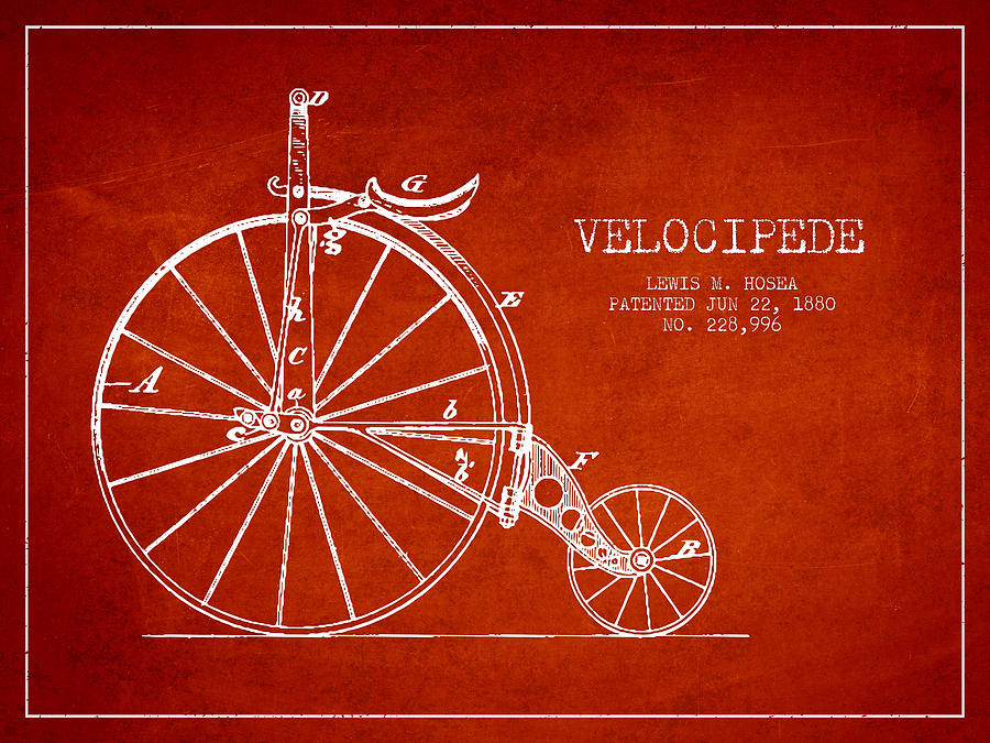 Velocipede Patent Drawing From 1880 - Red Digital Art