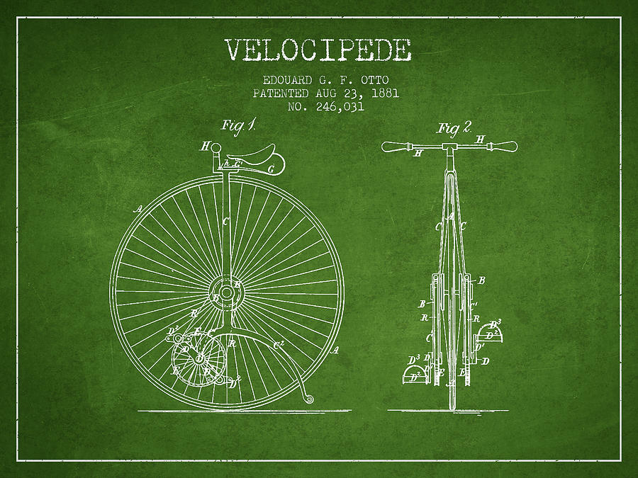 Velocipede Patent Drawing From 1881 - Green Digital Art