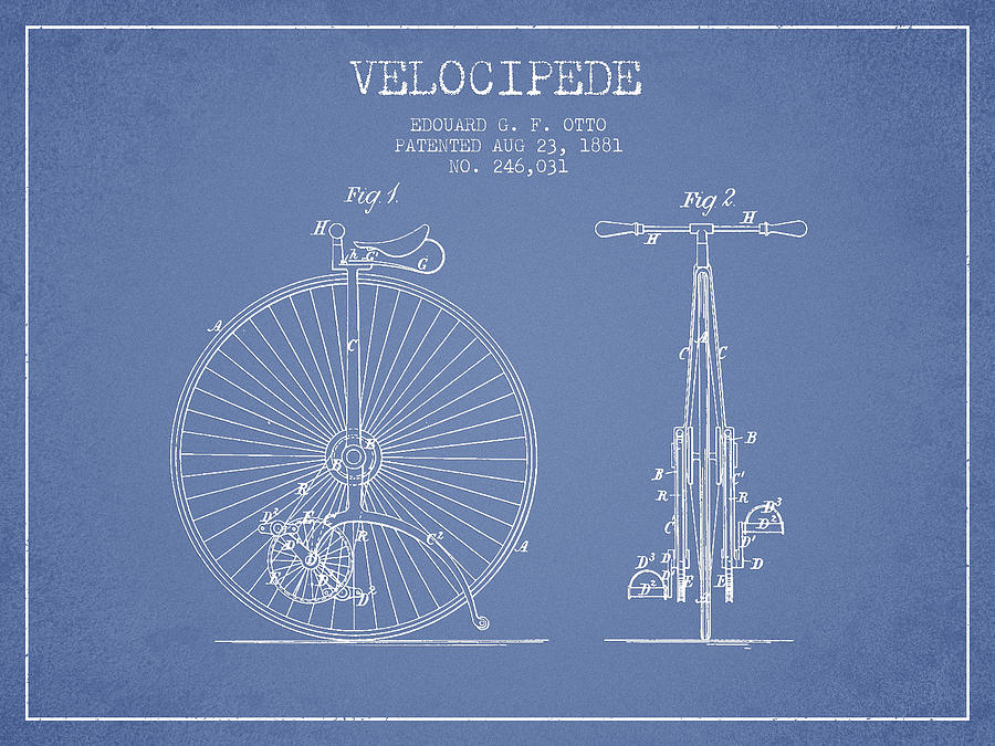 Velocipede Patent Drawing From 1881 - Light Blue Digital Art