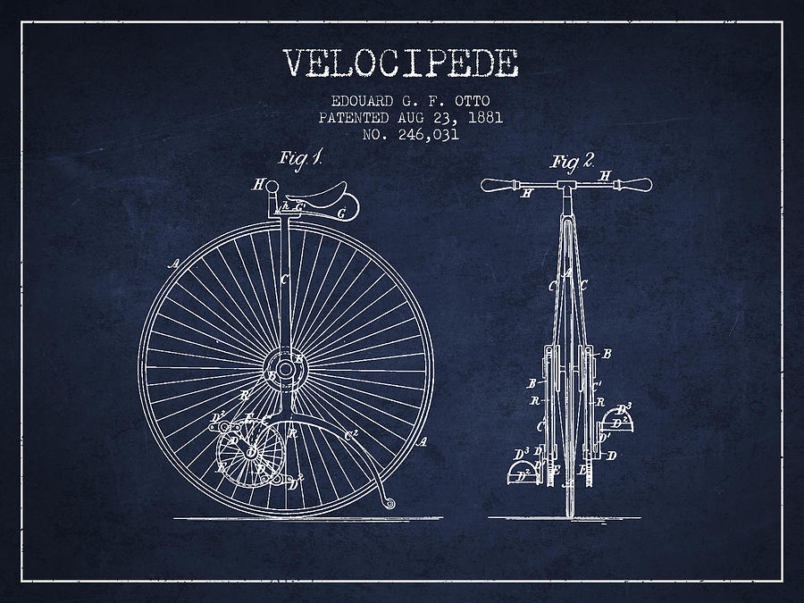 Velocipede Patent Drawing From 1881 - Navy Blue Digital Art