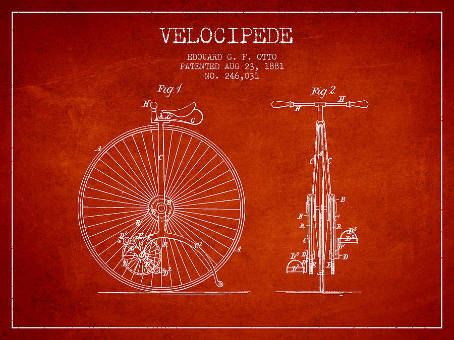 Velocipede Patent Drawing From 1881 - Red Digital Art