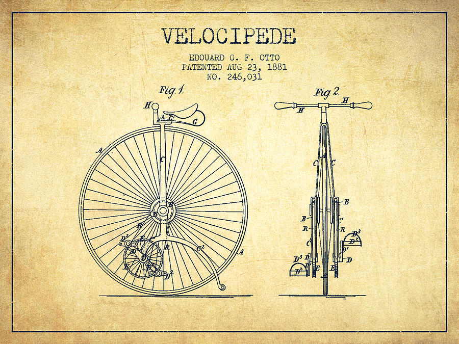 Velocipede Patent Drawing From 1881 - Vintage Digital Art