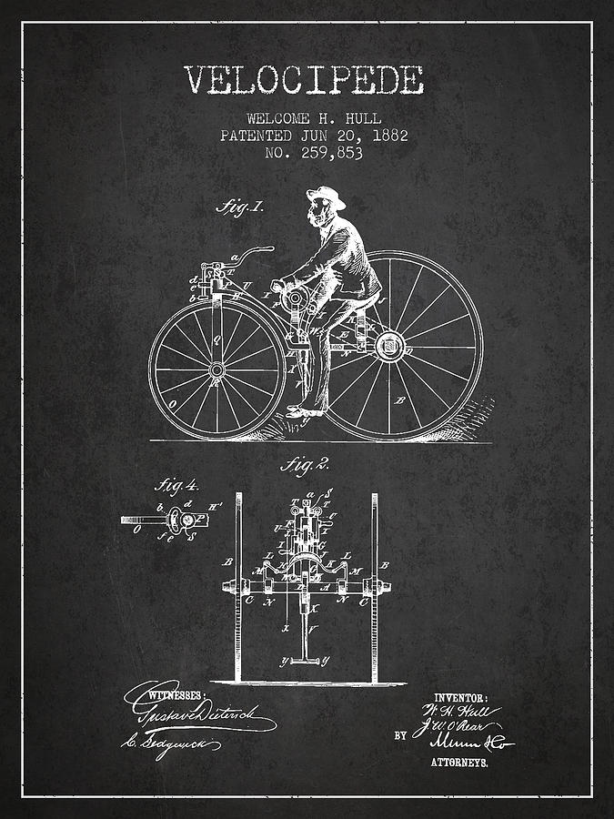 Velocipede Patent Drawing From 1882 - Dark Digital Art