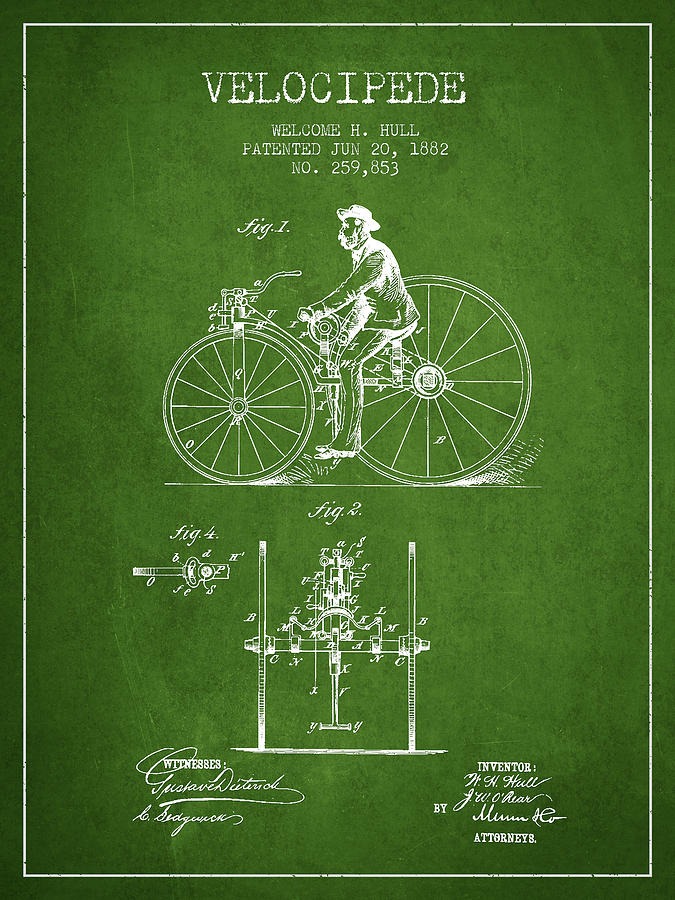 Velocipede Patent Drawing From 1882 - Green Digital Art