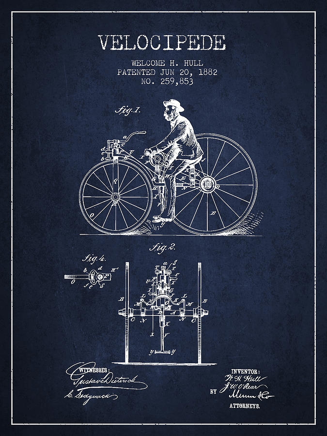Velocipede Patent Drawing From 1882 - Navy Blue Digital Art