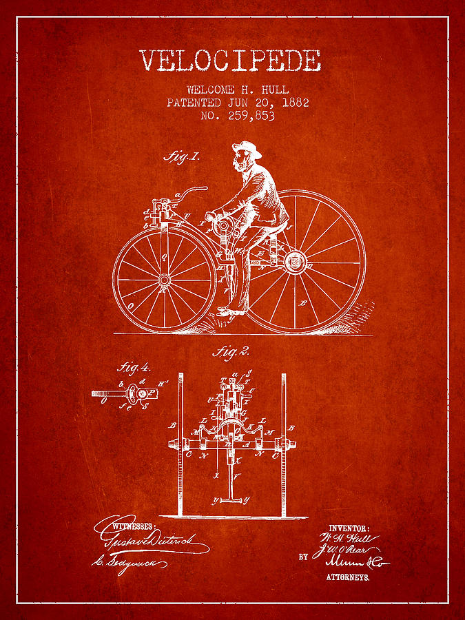 Velocipede Patent Drawing From 1882 - Red Digital Art