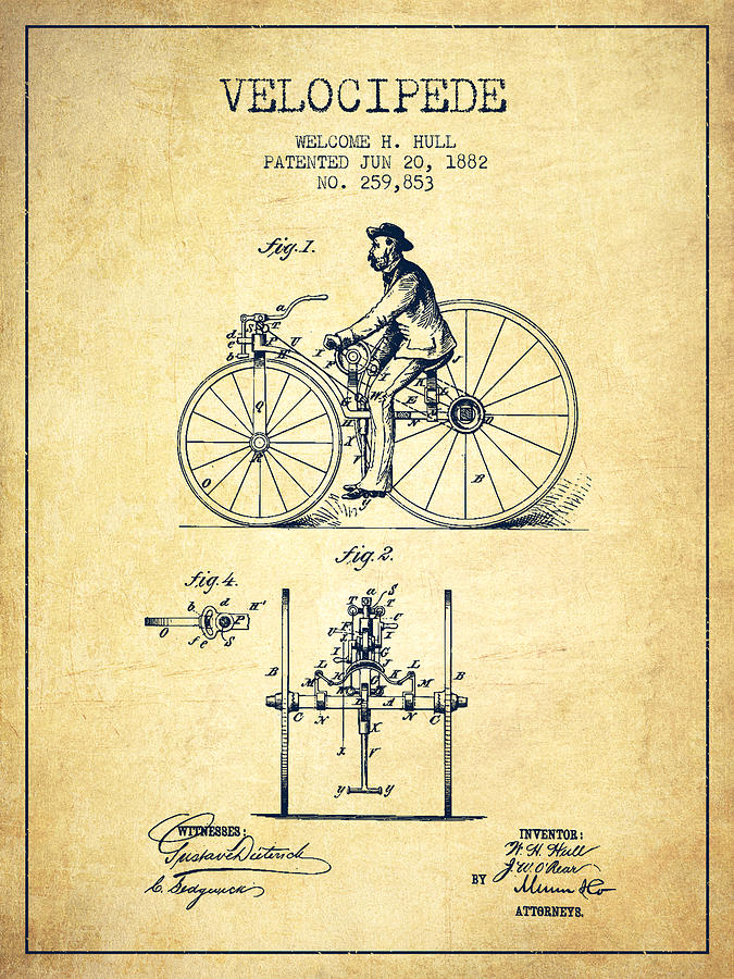 Velocipede Patent Drawing From 1882 - Vintage Digital Art