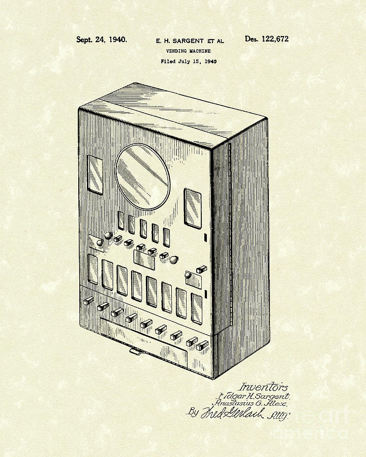 Vending Machine 1940 Patent Art Drawing by Prior Art Design