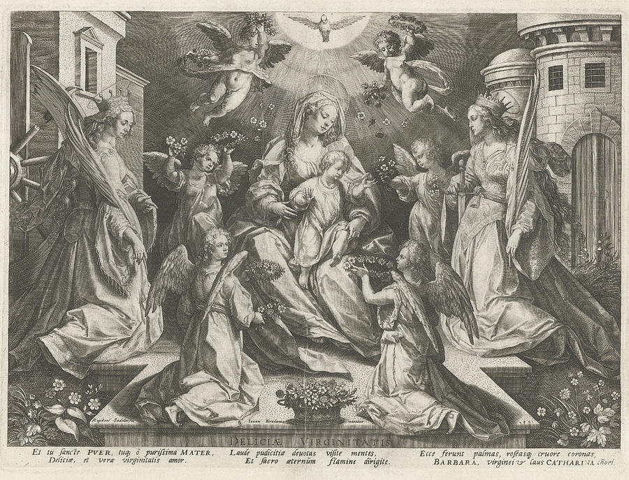 Flower Drawing - Veneration Of Mary With The Christ Child With St by Rapha?l Sadeler (i)