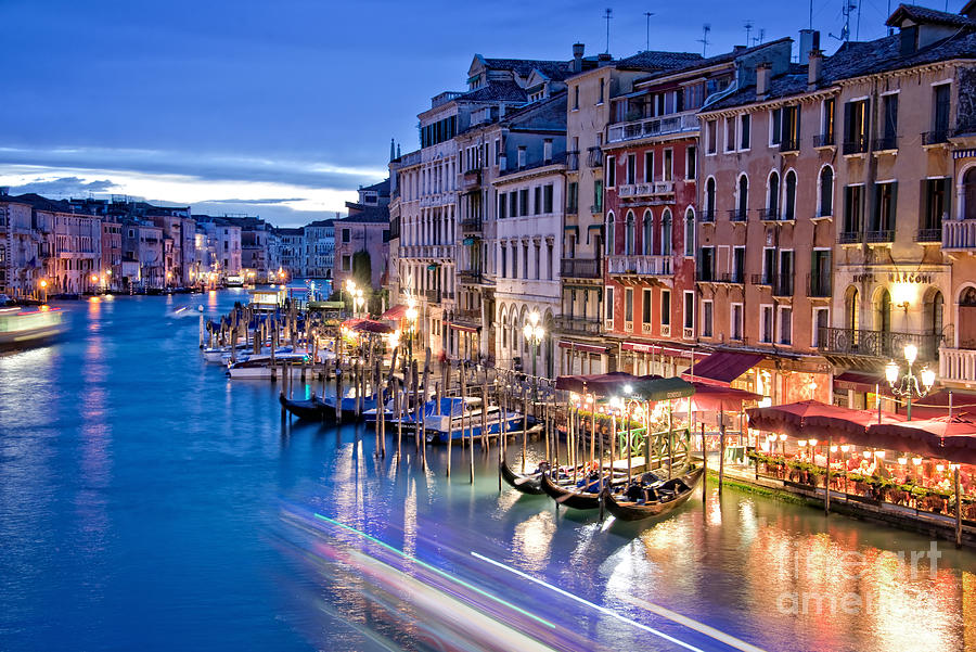 Sunset Photograph - Venice Grand Canal view at night by Delphimages Photo Creations