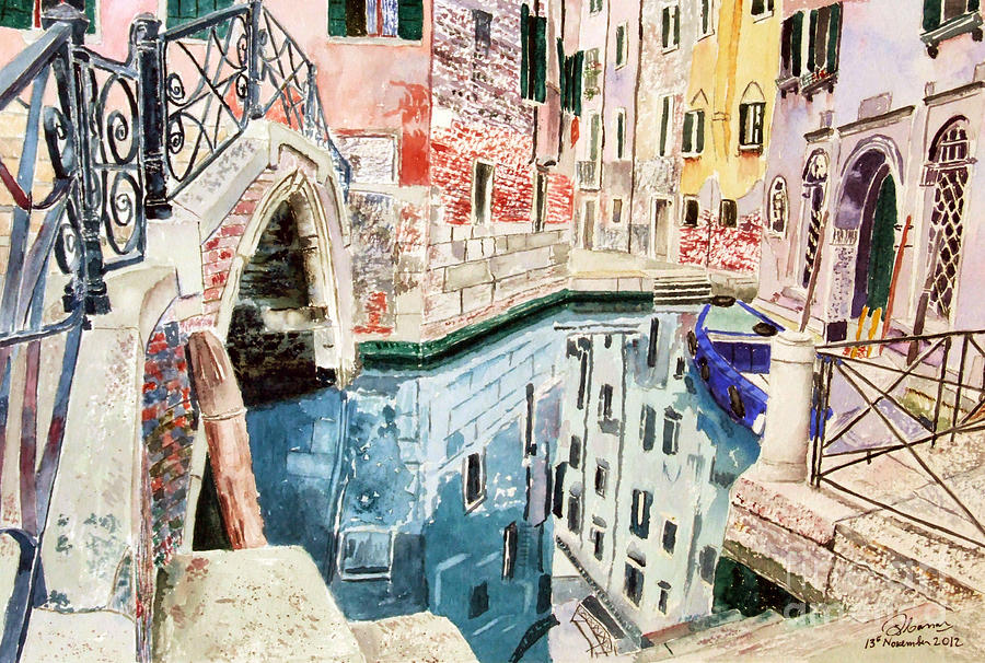 Venice canal and bridge Painting by Godwin Cassar