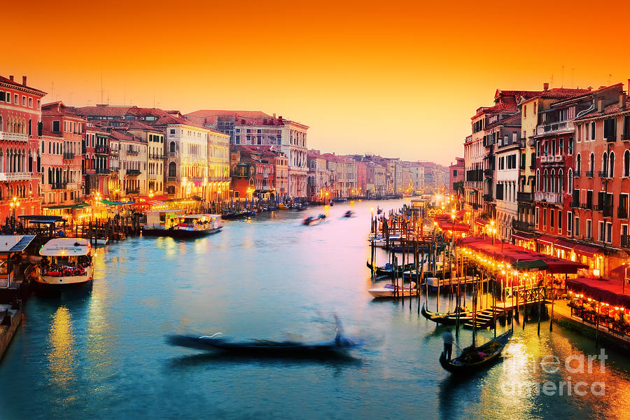 Venice Italy Gondola floats on Grand Canal at sunset Photograph by Michal Bednarek