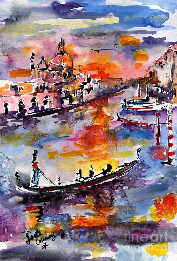 Venice Italy Gondolas Grand Canal Watercolor Painting by Ginette Callaway