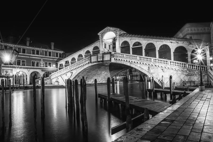 VENICE Rialto Bridge at Night black and white Photograph by Melanie Viola